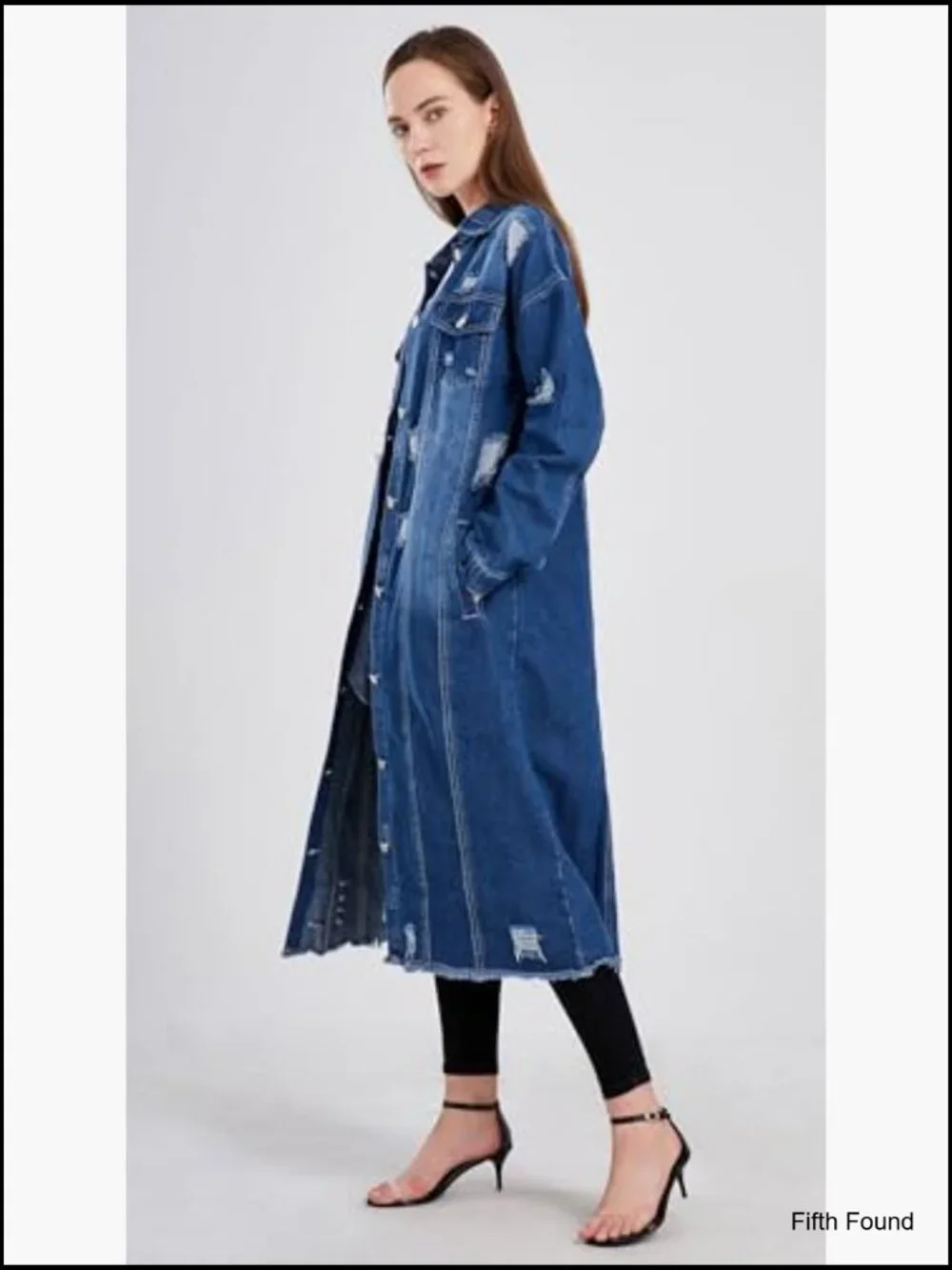 Shredded Distressed Long Denim Duster Coat Jacket Womens Oversized - Picture 4 of 7